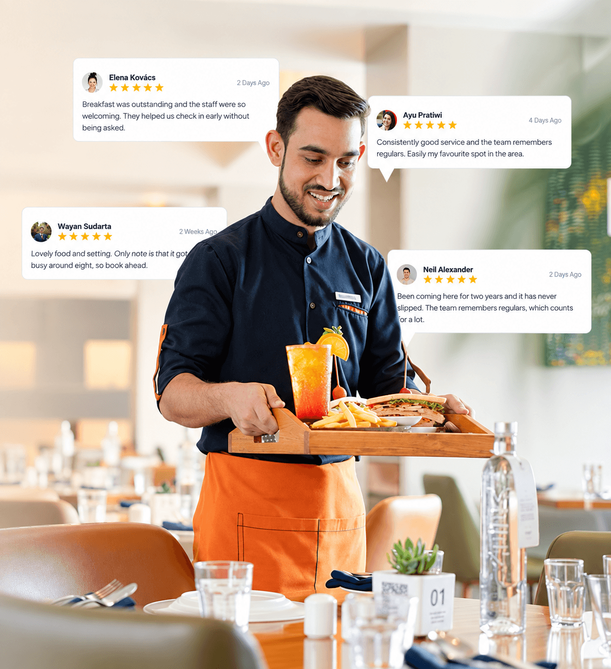 A smiling waiter carries a tray of drinks and food through a restaurant, surrounded by five-star Google reviews from guests.